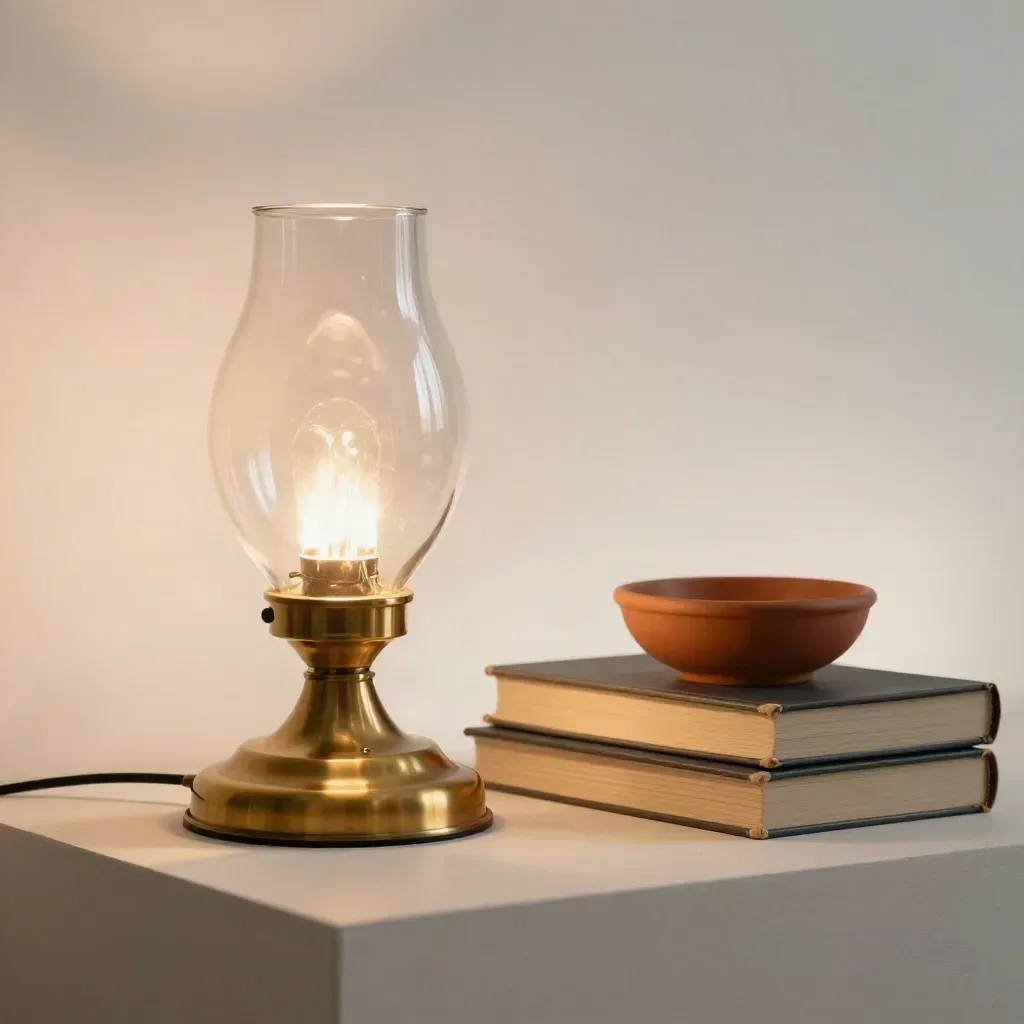 Glazen vintage tafellamp met messing voet naast boeken en keramische schaal