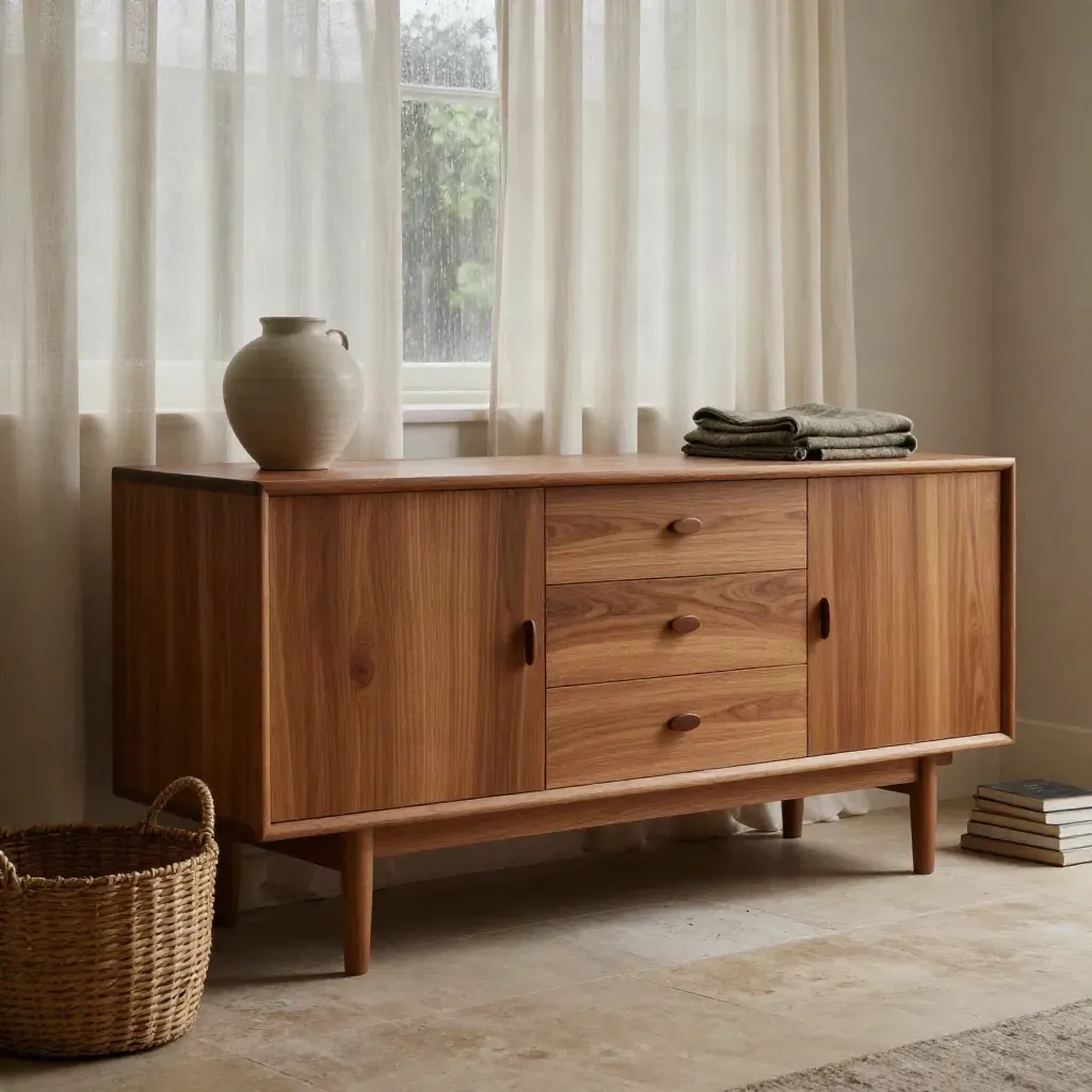 Massief teak dressoir met mand, vaas, plaid en boeken in zachte studioverlichting.