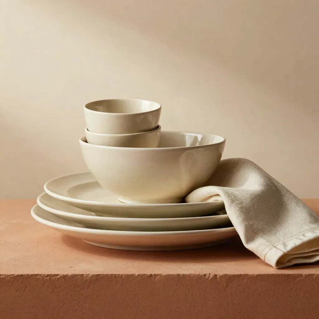 Crèmekleurige serviesset met borden, kopjes, schaal en linnen servet op warme terracotta.