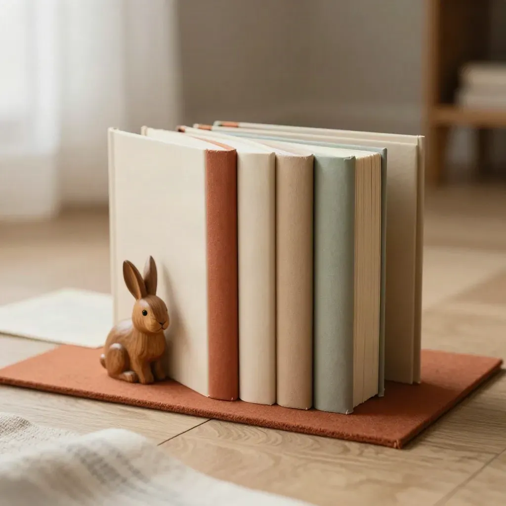 Kinderboeken set van zes in waaier op vilten ondergrond met houten diertje