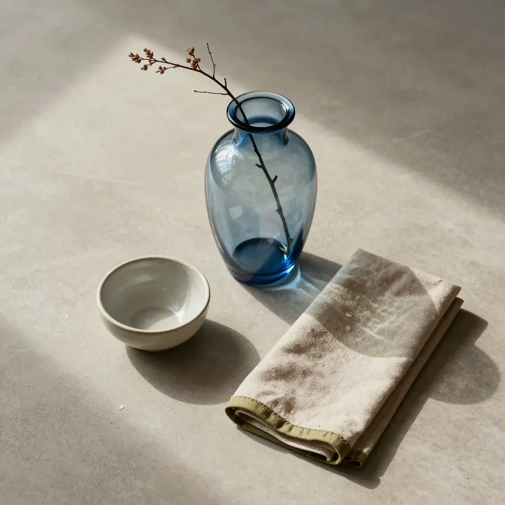 Bovenaanzicht van een blauwglas vaas, droog takje, kommetje en gevouwen doek op licht beton.