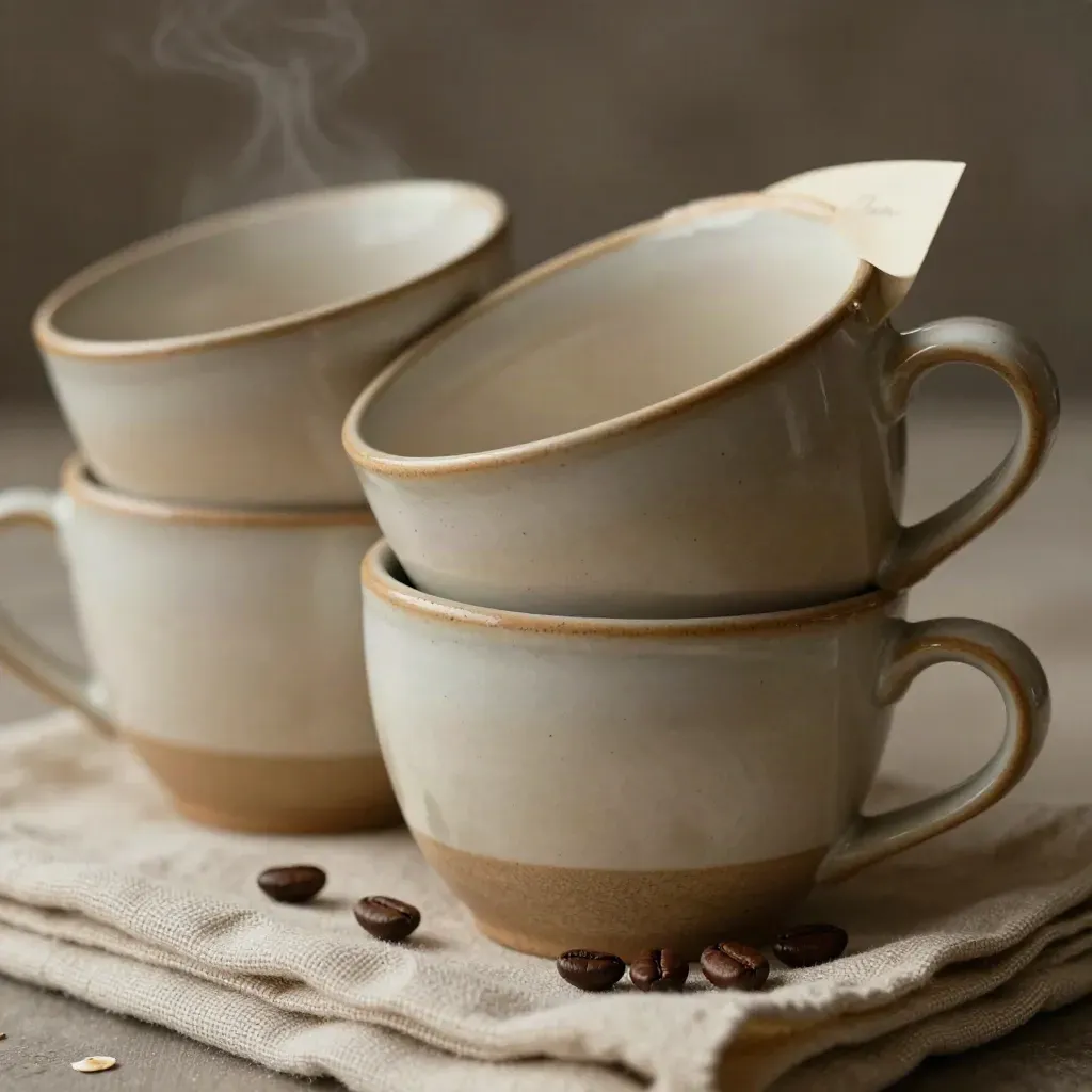 Vier steengoed koffiemokken met linnen servet en koffiebonen in warm beige licht.