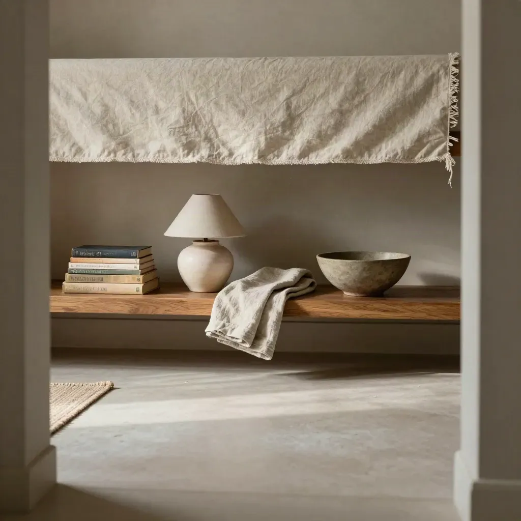 Lichte woonkamer met eiken plank, linnen bankrand, geweven kleed en keramische lampen.